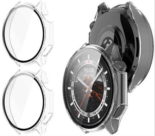 GIOPUEY Hülle Kompatibel mit OnePlus Watch 3, [2 Stück] Glasschutzfolie + Hartplastikrahmen, 360° Rundumschutz Cover - Transparent+Transparent
