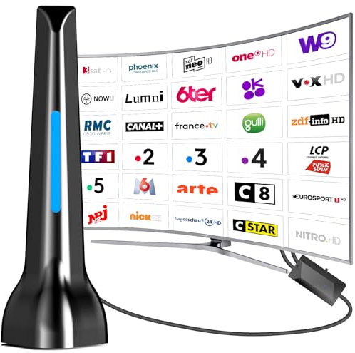 Antenne TV Intérieure Puissante TNT HD, 2025 le plus récent Antenne TV Intérieur avec Amplificateur de Signal à Gain Élevé, Réception Longue Portée à 360° avec Base Magnétique Solide pour,Antennes TNT