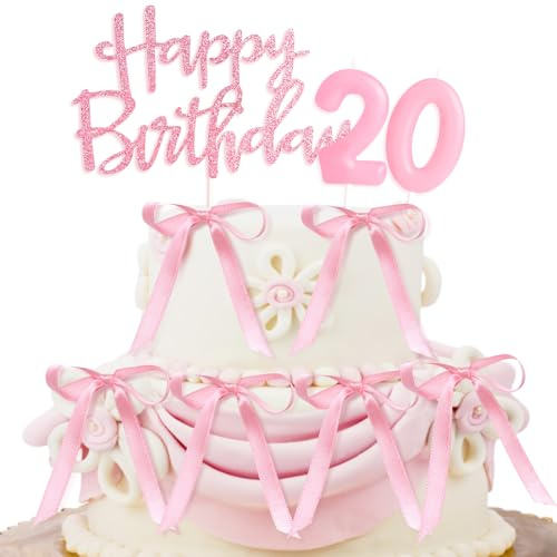Happy Birthday Tortendeko mit Satinband und Geburtstagskerzen Zahl 20, Kuchen Deko 20 Geburtstag Mädchen Junge Rosa Geburtstagsfeier Dekoration