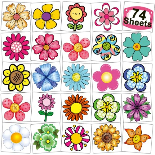 CHARLENT 74 Bögen Blumen Temporäre Tattoos für Kinder, Blumenmotive | Niedliche Blumen Tattoos für Mädchen, ideal als Mitgebsel für Kindergeburtstage, Partys und Geschenktüten