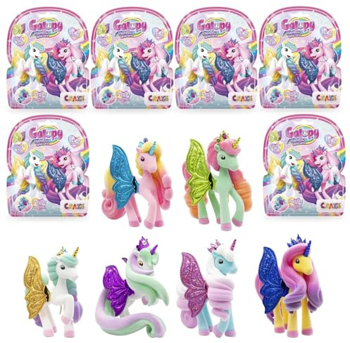 GALUPY Rainbow Unicorn 6er Pack - Einhorn Spielzeug zu Sammeln, Einhorn Figuren mit Glitzerflügeln & Swarovski Kristal - mädchen Geschenke