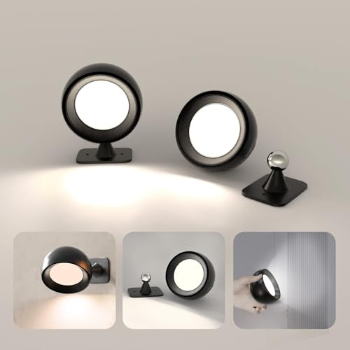 LUTW Rechargeable Wall Lights, Magnetic Wall Lamp Indoor, Black, 2 Pack | Battery Operated LED Wall Light with Remote, 360° Rotate, 5 Modes, Stepless Dimming, Timing, for Bedroom Corridor Stairs