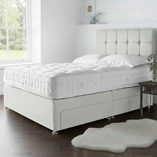 STONEGATE BEDS King Size Bed Set 5 FT with 10 Inch Orthocare Memory Mattress - White Crush Divan Beds Set with Storage Drawers - Headboard with Chrome Feet 5FT KingSize Bed - White Crush Velvet