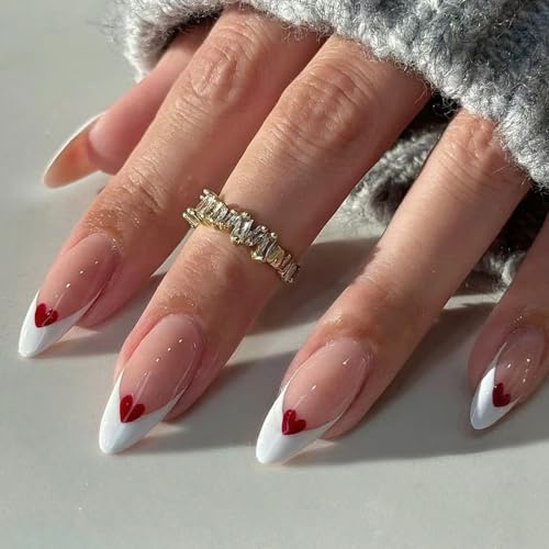 Oval French Tip False Nails - 24PCS Medium Almond Press On Nails - White Edge Red Heart Design Fake Nails with Glue - Glossy Full Cover Stick On Nails for Women DIY Nail Art Valentine's Day