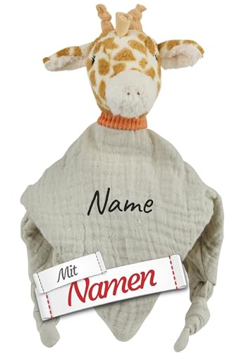 Personalisierte Geschenke Baby, Sterntaler Schmusetuch Giraffe Kaya mit Namen Bestickt - Schnuffeltuch Trösterform mit Rassel, Musselin und Flausch, Geschenk zur Geburt Taufe Ostern