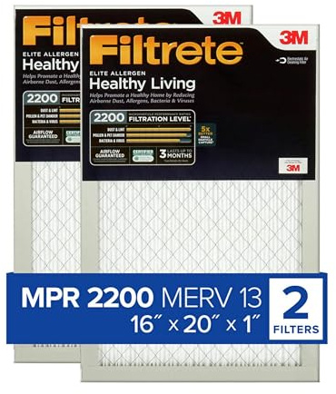 Filtrete 16x20x1 AC Furnace Air Filter, MERV 13, MPR 2200, Elite Allergen, Bacteria & Virus Filter, 3-Month Pleated 1-Inch Electrostatic Air Cleaning Filter, 2-Pack (Actual Size 15.69x19.69x0.78 in) | Premium Allergen & Home Pollutants, 3-Month AC/Furnace Filters, (Act. Size 15.69x19.69x0.81 in)