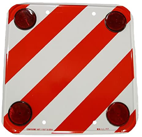Cartello carichi sporgenti in metallo, alluminio bianco e e rosso, misura 50x50 cm, con quattro catarifrangenti agli angoli, per trasporti eccezionali su strade pubbliche