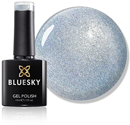 Bluesky Gel Nail Polish 10ml, Prince Charming - CH05, Blue Glitter | Fine sapphire sparkle over a clear base, so it layers over a colour or wears alone. Glossy for three weeks.