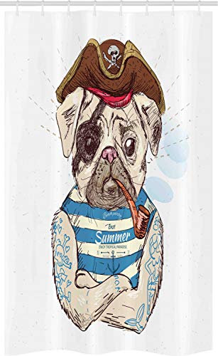 ABAKUHAUS Mops Schmaler Duschvorhang, Piratenhund Eroberer des Meeres, Badezimmer Deko Set aus Stoff mit Haken, 120 x 180 cm, Braun Blau