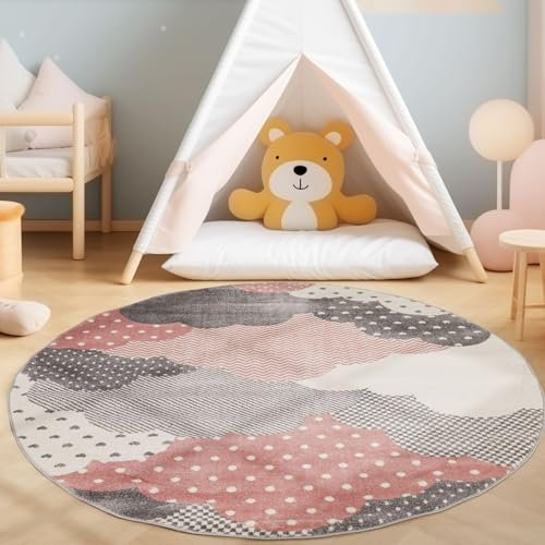 SIMPEX KinderTeppich, Wolken Design, Rosa, 120 cm Rund, Teppich für Kinder, Kinderzimmer