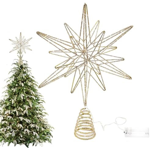 Weihnachtsbaum-Sternspitze – 12,6 Zoll große, ausgehöhlte Stern-Baumspitze mit Lichtern, vorbeleuchtete glitzernde sibirische Stern-Baumspitze, leuchtende Weihnachtsornamente für den Weihnachtsbaum