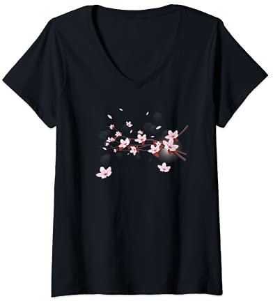 Femme FLEUR DE CERISIER SAKURA, FLEUR DE FLEURS AU PRINTEMPS T-Shirt avec Col en V