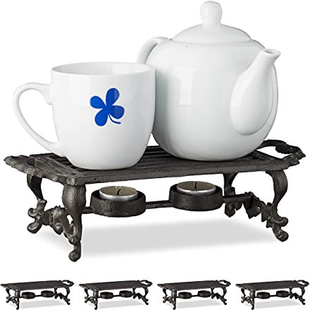 5 Calentadores de Tazas, Duraderos, Diseño Envejecido, 2 Velas c/u, Hornillos de Hierro Fundido, 8,5x30x13,5cm, Marrón