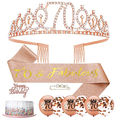 Popuppe 70. Geburtstag Schärpe und Geburtstagskrone,Geburtstag Schärpe Tiara Krone,Geburtstag Cupcake Topper Konfetti Luftballons für Frauen 70.Geburtstag Deko