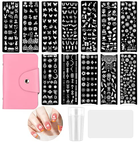 Nagel Stempel Schablone Set 12 Pcs DIY Schaber Nail Art Set Blumen Geometrische Muster Nail Stamper Stempel Silikon French Schablonen Tool Kit für Maniküre DIY Image Drucken