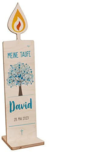 Herz & Heim® Holzaufsteller mit Lebensbaum Motiv, 80 cm,zur Taufe, Kommunion & Co., mit Wunschdaten Blau