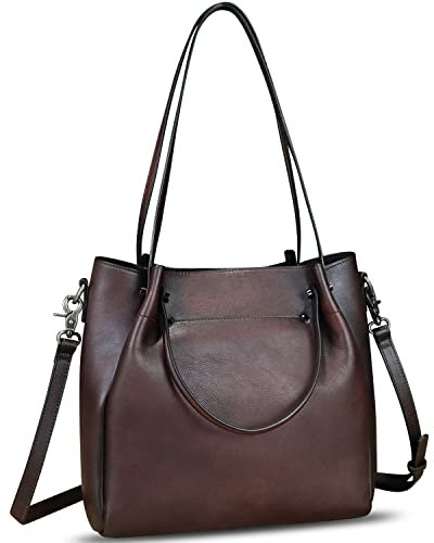Handtaschen aus echtem Leder für Damen, Vintage, handgefertigt, Schultertasche, Tragegriff oben, Handtasche, Kaffee, 31 cm x 14 cm x 33 cm