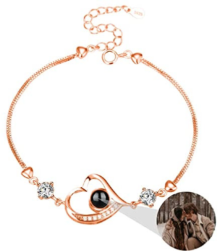 Liskanap 925 Sterling Silber Personalisierte Foto Armband mit Bild Projektion Armband im Stein Ich liebe dich Armband 100 Sprachen für Damen Herz Denkmal der Liebe Schmuckgeschenk (RoseGold-Herz 1)