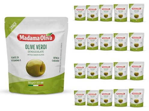 MADAMA OLIVA, Olive Verdi Denocciolate dal Colore Verde Intenso e Gusto Deciso, 100% Made in Italy, Senza Conservanti Aggiunti, 100% Vegetale, Box da 20 Buste in Alluminio da 30 gr