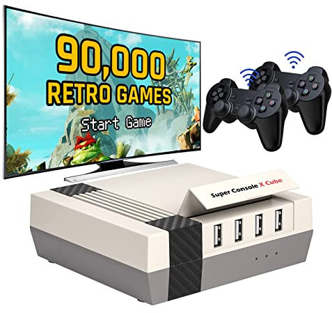 Kinhank Retro Game Console Super Console X Cube Build in 91,000 Classic Games,Plug & Play Gaming/TV Box Dual System Video Game Consoles,Support 60+ Emualtors (64GB,2 Gamepads)