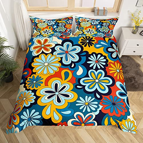 Homewish Groovy Flower Duvet Cover For Girls Women,Colorful Funky 60S 70S Flower Bedding Set Super King Retro Boho Daisy Doodle Comforter Cover Vintage Rustic Floral Bed Set With 2 Pillowcase
