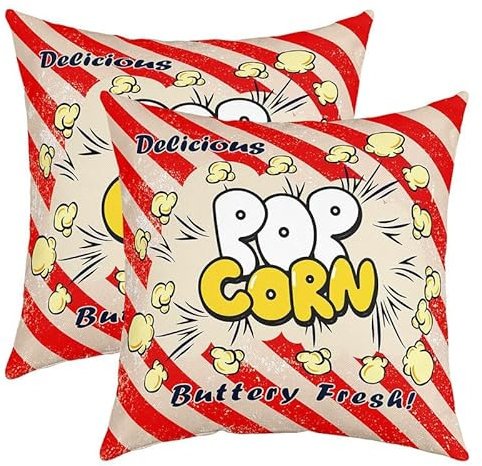 Wende-Kissenbezüge, Popcorn-Druck, Vintage-Kino, Kino, Kino, quadratisch, 2er-Set für Bett, Sofa, Couch, alle Jahreszeiten, rote Vintage-Streifen, Kissenbezüge, Heimdekoration, 45,7 x 45,7 cm