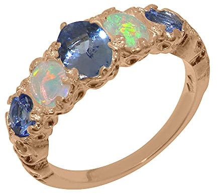 LBG 14ct Rose Gold Genuine Natural Tanzanite & Opal Womens Band Ring - Size M