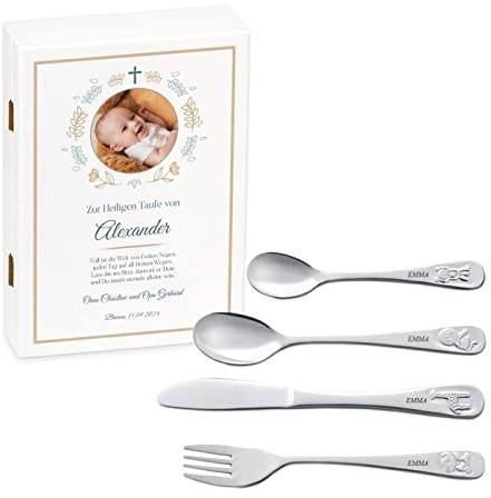 Maverton Kinderbesteck Set mit Gravur + Holzbox mit Aufdruck 4-teilig, Weiß | Mit Tieren, aus Edelstahl, Geschenk für Jungen zum Geburtstag zur Taufe Geburt