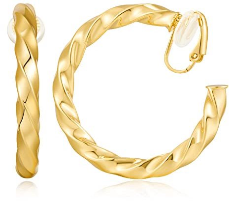 WOWORAMA Goldene Creolen Clip Ohrringe für Damen 40 mm große gedrehte Clip Ohrringe nicht durchstochen 40 mm goldene gedrehte Creolen