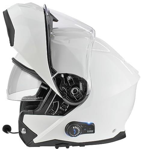 ViPER RSV191 Flip up Motorcycle Helmet with Blinc Bluetooth - Modular Double Visor Motorbike Helmets - Microphone Dual Speaker for Hands & Noise Free Automatic Answering ECE/ACU Gold Approved (White,S
