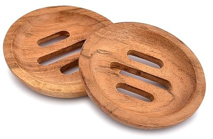 EDHAS Acacia Wood Soap Case Set of 2, Soap Case Holder for Bathroom Essentials Wood Round Hollow Soap Dish (12.7cm x 12.7cm x 1.90cm)
