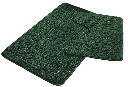 FAIRWAYUK Bathroom Mats Sets 2 Pieces, Ultra Plush Greek Pattern Bath Mat Anti Slip Pedestal Set, Extra Absorbent 100% Polypropylene Toilet Rug, Bathroom Accessory (Dark Green)