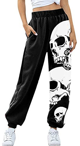 Womens Skull Printed Sweatpants Baggy Wide Leg Joggers for Women UK Fashion Casual Retro Sports Trousers Tracksuit Elastic Waisted Slacks Loose Sportswear Gothic Style Longewear Outdoor Black