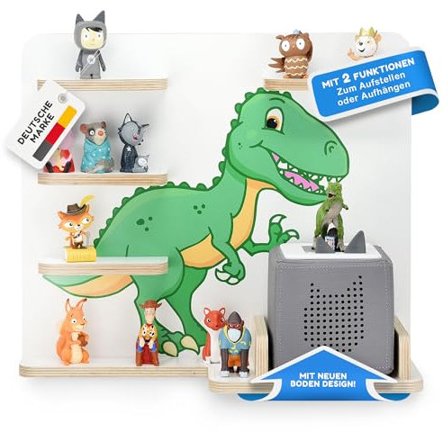 stadtecken Holzregal für Musikbox I Passend für die Toniebox und ca. 35 Tonies I Perfekte Aufbewahrung im Kinderzimmer I zum Aufstellen oder Aufhängen (T-Rex)