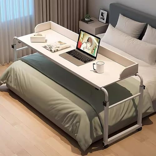 GXQFC Overbed Table Mobiler Schreibtisch, Pflegetisch Laptoptisch Bettbeistelltisch Breite 115-210 cm & Höhe 65-95 cm Über-Betttisch auf Rollen für Wohnzimmer Schlafzimmer Krankenh(Color:Weiß)