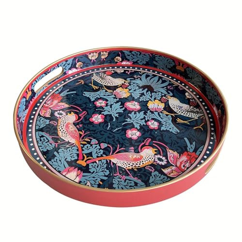 Zosenley Serving Tray Decorative Tray, Marbling Plastic Tray Modern Vanity Tray Serving Tray for Ottoman, Coffee Table, Kitchen and Bathroom - Blue Flower Bird (13 INCH, Round)