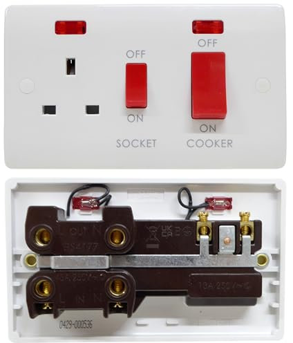 45 Amp Double Pole Cooker Switch with Socket White - Power Indicators and Red Rockers