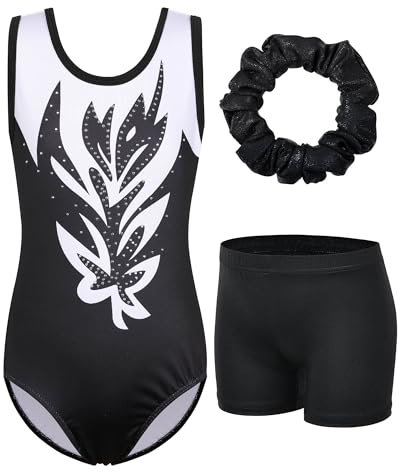 ZNYUNE Mädchen Turnanzug mit hose Haarband Set gymnastikanzug Kinder Shorts trikot turnen Ärmellos/Langarm Kleidung klassisch Turnbody B323 BlackWhiteFlower 8A