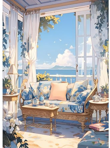 DPHERO DIY Meerblick Diamant Painting Bilder für Erwachsene Anfänger,5D Comic-Stil Diamond Painting Set,DIY Runde Steine Blumen Diamant Kunst Kits, Diamant Painting für Zuhause Dekor 30x40 cm
