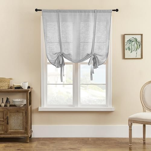 SIMPVALE 1 Piece Roman Blinds Tulle Tie Up Sheer Curtains with Rod Pocket Linen Weaving Translucent Voile Curtain for Living Room Bedroom Balcony Kitchen Bathroom, Light Gray, 60x120cm