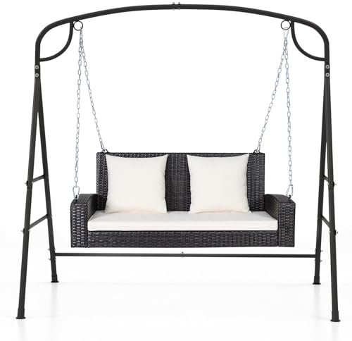 COSTWAY 2 Seater Garden Swing Chair Set, Rattan Patio Swing Bench Loveseat with Metal Stand Frame and 2 Pillows, Outdoor Porch Hanging Swing Seat and Stand (White)