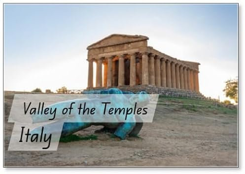 Kühlschrankmagnet Tempel der Concordia und die Statue des gefallenen Ikarus, im Tal der Tempel, Agrigent, Sizilien, Italien, Kühlschrankmagnet