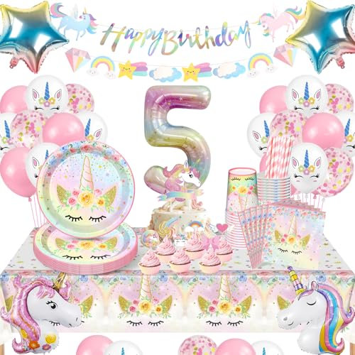 YIMAKJ Licorne Enfant Anniversaire Déco - Vaisselle Pour 5 Ans Fille, Assiettes En Carton, Tasses (16 Invités)