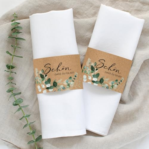 Mimi und Anton 12x Serviettenbanderolen Schön dass du da bist | 21 x 6,5 cm | Servietten Banderole mit Eukalyptus Greenery Design (Braun)
