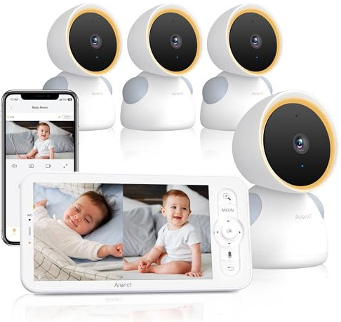 Arenti Baby Monitor Video e Audio con 4 Telecamere, 2K Telecamera Bambini con Monitor 5'', Rilevamento di Temperatura/Umidità e Suoni/Movimenti, Promemoria di Allattamento, Ninne Nanne, Schermo Diviso