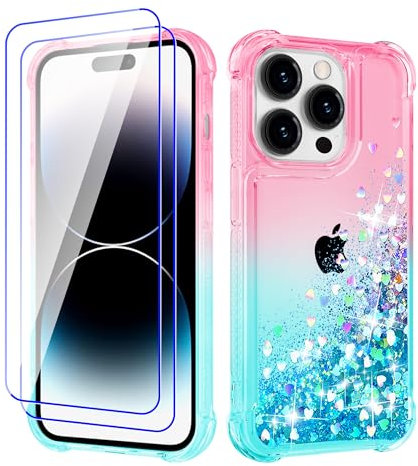 Pilaru Lovely for iPhone 14 Pro Max Case [2 Screen Protector] Clear Liquid Heart Glitter Soft TPU Cover Transparent Girly Shockproof Protective Phone Case for iPhone 14 Pro Max,Rose-Green