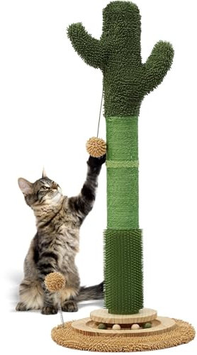 OTOB 91,4 cm hoher Katzenkratzbaum, natürliches Sisalseil Kaktus Katzenkratzbaum, vertikaler 6-in-1 interaktiver Drehteller Katzenkratzbaum mit weichem Ballspielzeug, schützen Sie Ihre Möbel für alle