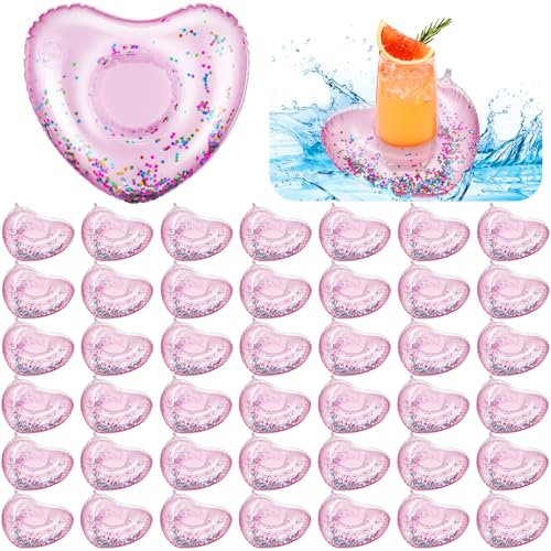 Tioncy 40 Pcs Inflatable Heart Drink Holder Drink Floaties Floats Heart Shaped Cup Holders Blow up Decorations Accessories for Wedding Swimming Pool Bachelorette Party Supplies(Rose Gold)