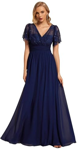 Ever-Pretty Robe Mère de Mariée Col V Dentelle Mousseline Manches Courtes pour Femme Bleu Marine 44