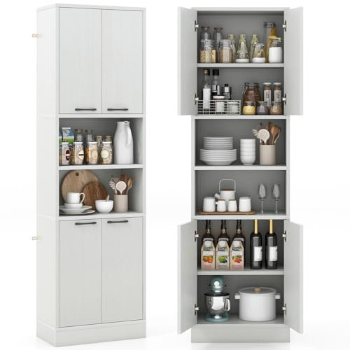 COSTWAY Buffet Cuisine Haut 190 cm, Meuble Cuisine Rangement, 2 Placard Rangement, 2 Doubles Portes, 6 Etagères, Kits Anti-Basculement, Vaisselier, Armoire Rangement pour Salle de Bain (Blanc chêne)